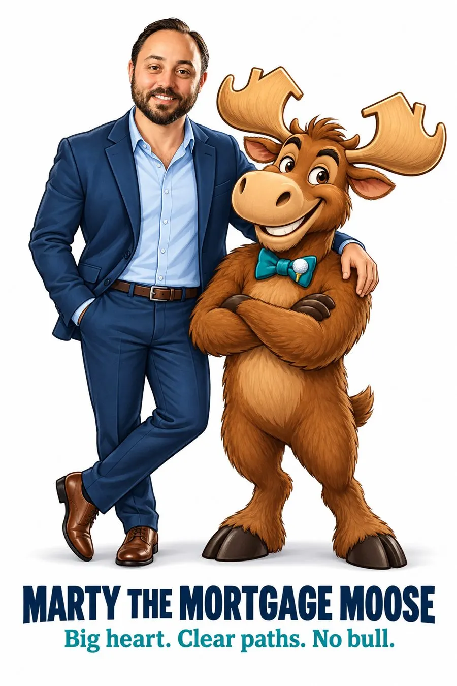 Illustration of Kenny Farshchian with Marty the Mortgage Moose
